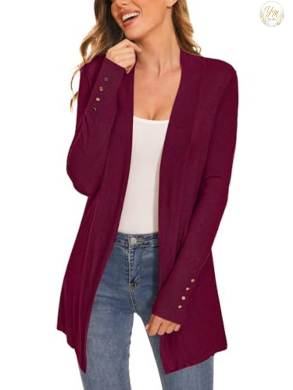 Open Front Long Cardigan Sweater Lightweight Knit Button Cuffs Dressy Casual